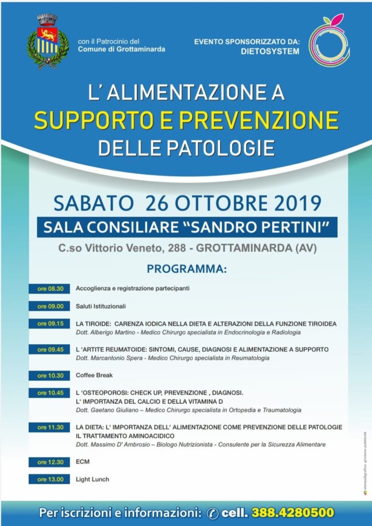 Corretta alimentazione come prevenzione delle patologie, convegno a Grottaminarda sabato 26.